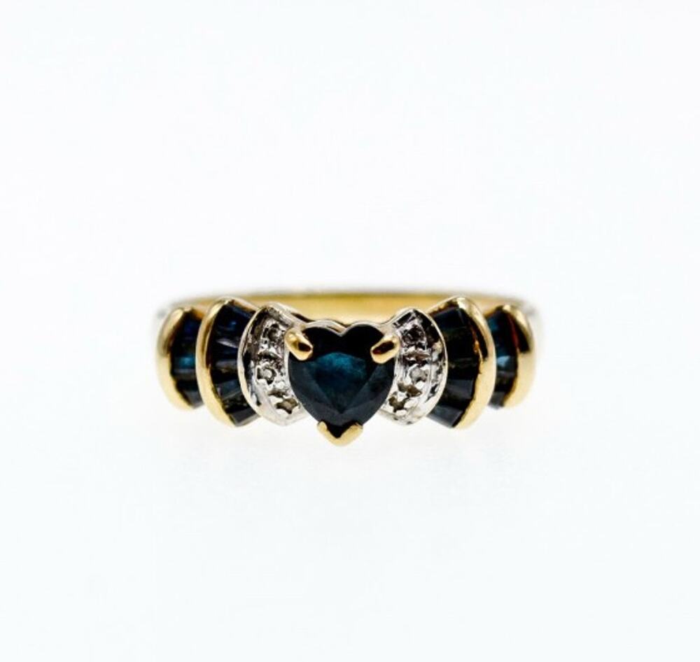 10K Yellow Gold Sapphires & Diamonds "Heart" Ring Size 9.5